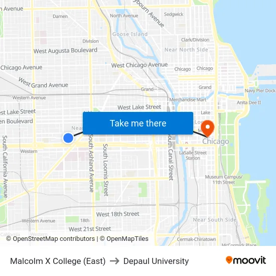 Malcolm X College (East) to Depaul University map