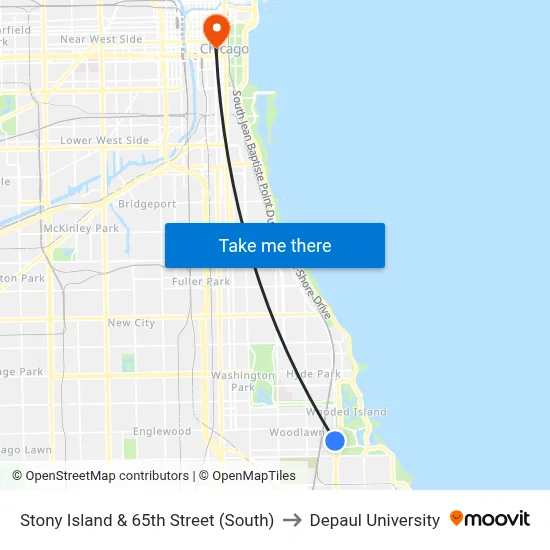 Stony Island & 65th Street (South) to Depaul University map