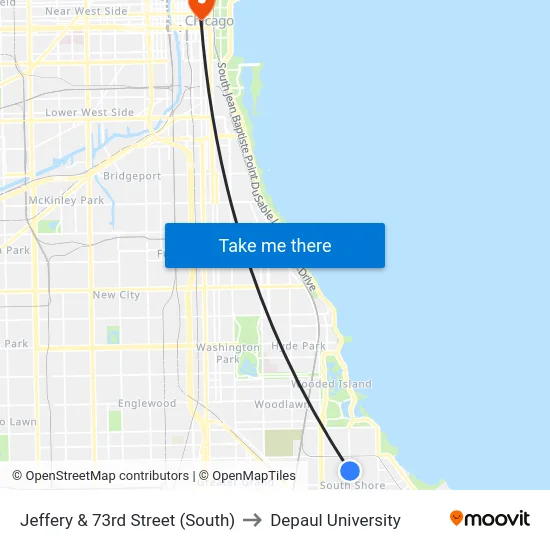 Jeffery & 73rd Street (South) to Depaul University map