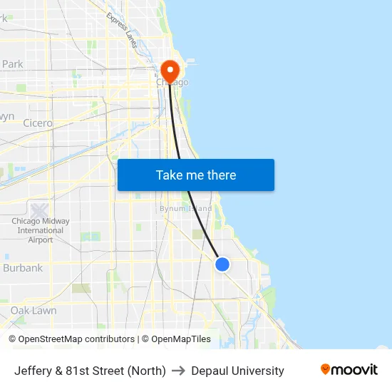 Jeffery & 81st Street (North) to Depaul University map