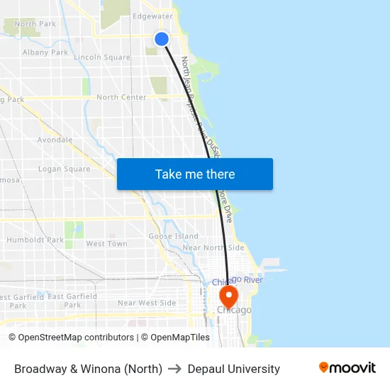 Broadway & Winona (North) to Depaul University map