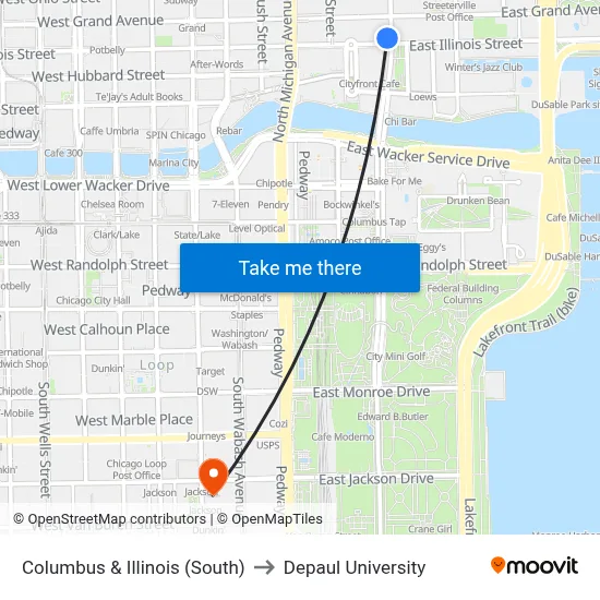 Columbus & Illinois (South) to Depaul University map