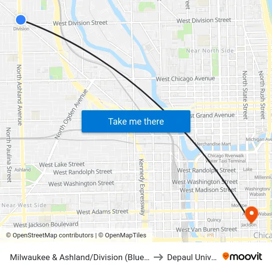 Milwaukee & Ashland/Division (Blue Line) (Nw) to Depaul University map