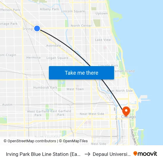 Irving Park Blue Line Station (East) to Depaul University map