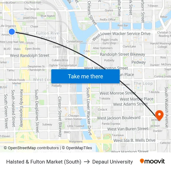 Halsted & Fulton Market (South) to Depaul University map
