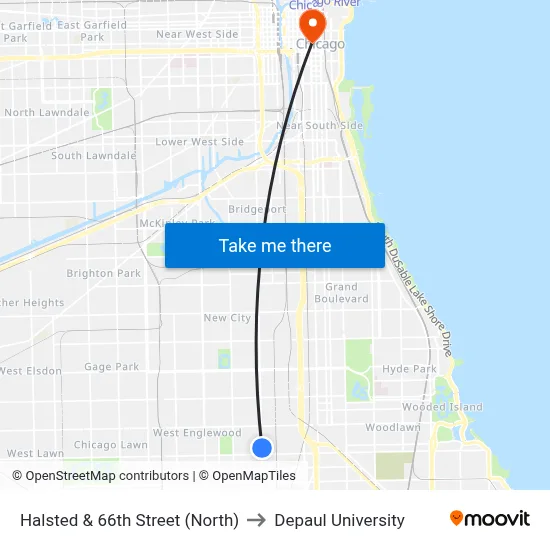 Halsted & 66th Street (North) to Depaul University map