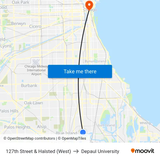 127th Street & Halsted (West) to Depaul University map
