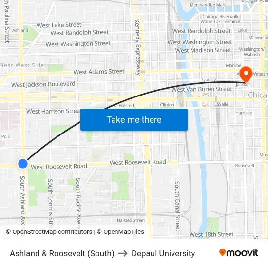 Ashland & Roosevelt (South) to Depaul University map