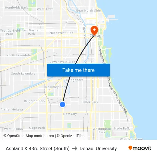 Ashland & 43rd Street (South) to Depaul University map