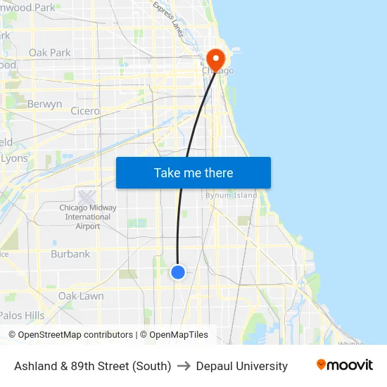 Ashland & 89th Street (South) to Depaul University map