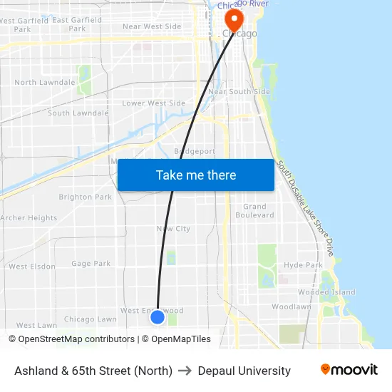 Ashland & 65th Street (North) to Depaul University map