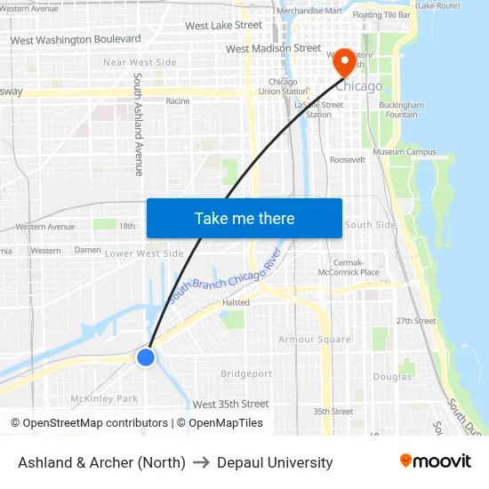 Ashland & Archer (North) to Depaul University map