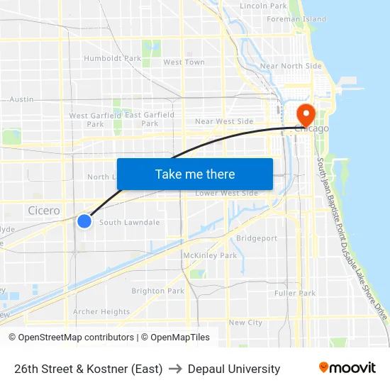 26th Street & Kostner (East) to Depaul University map