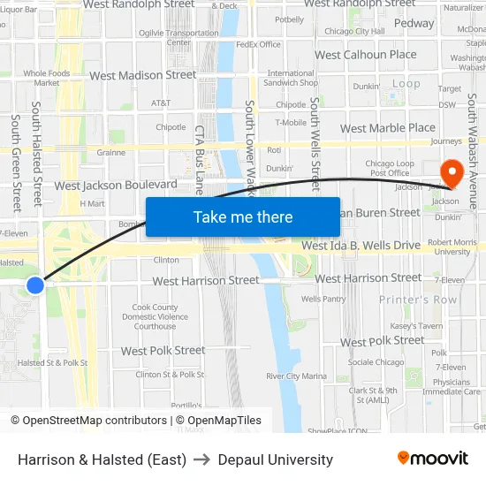 Harrison & Halsted (East) to Depaul University map