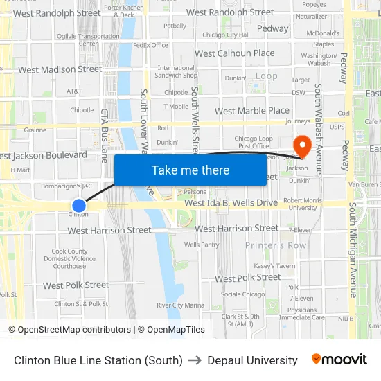 Clinton Blue Line Station (South) to Depaul University map