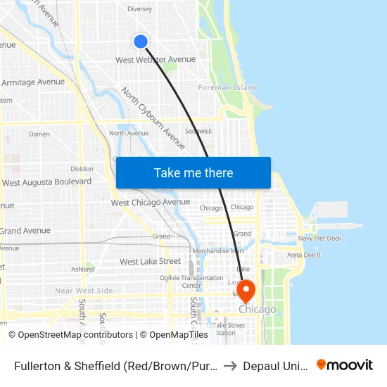 Fullerton & Sheffield (Red/Brown/Purple Line) (East) to Depaul University map