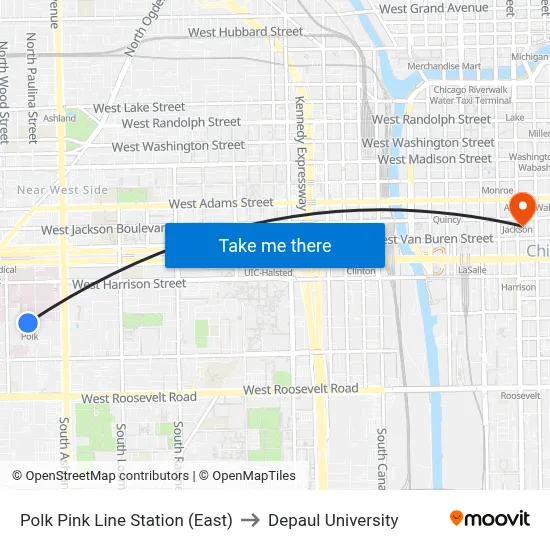 Polk Pink Line Station (East) to Depaul University map