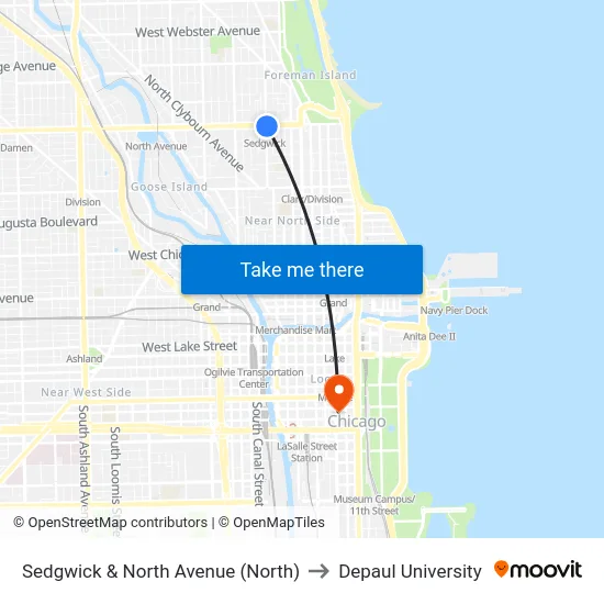 Sedgwick & North Avenue (North) to Depaul University map