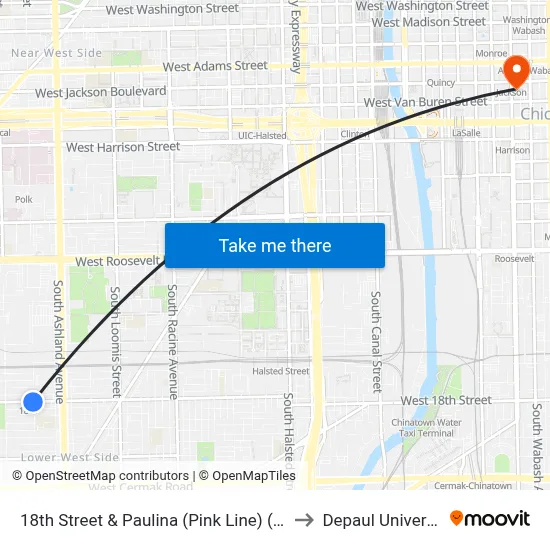 18th Street & Paulina (Pink Line) (East) to Depaul University map