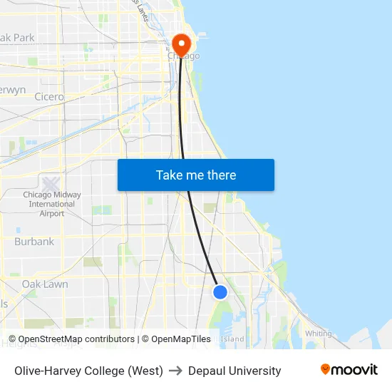 Olive-Harvey College (West) to Depaul University map