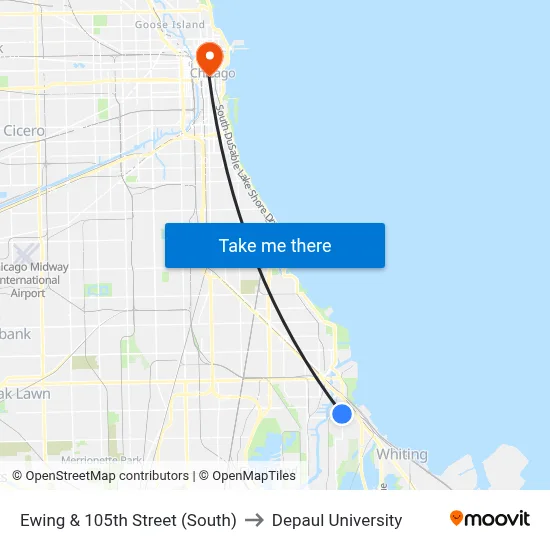 Ewing & 105th Street (South) to Depaul University map