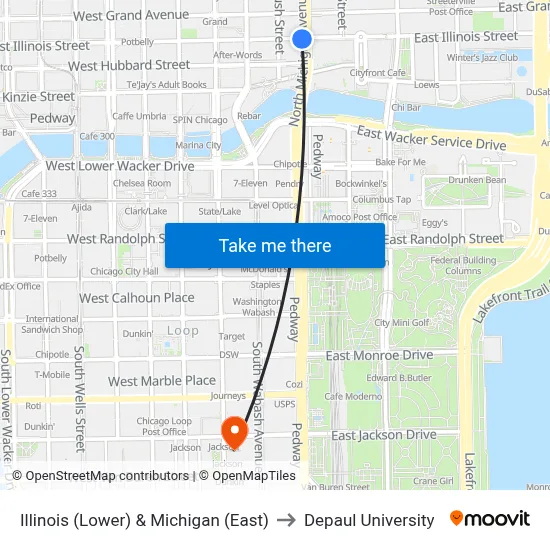 Illinois (Lower) & Michigan (East) to Depaul University map