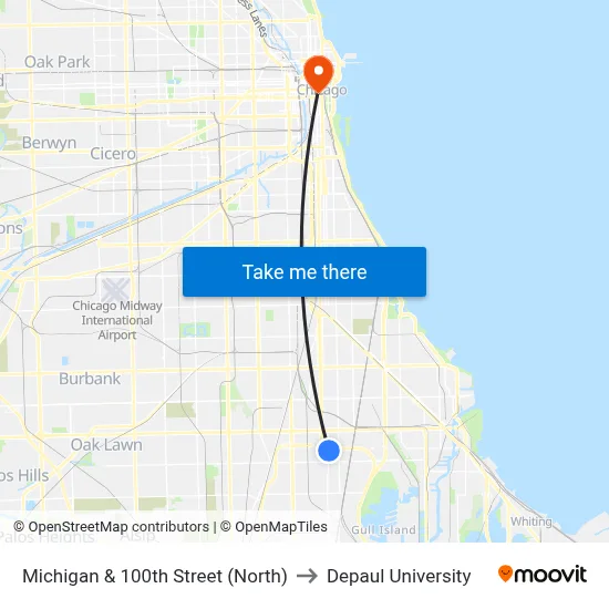 Michigan & 100th Street (North) to Depaul University map
