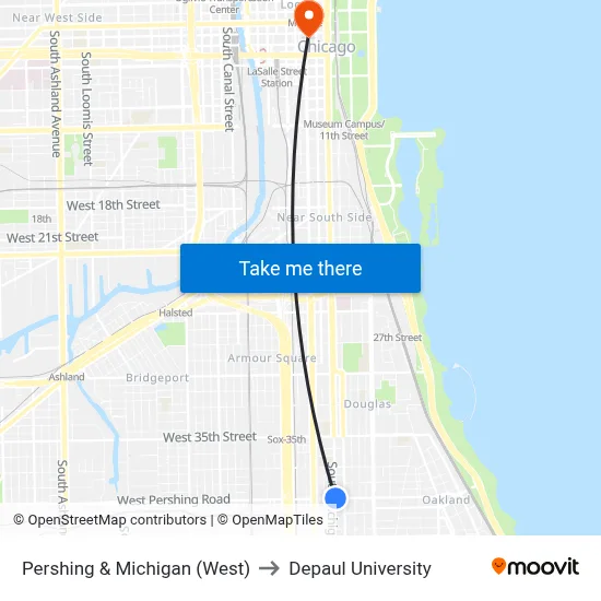 Pershing & Michigan (West) to Depaul University map