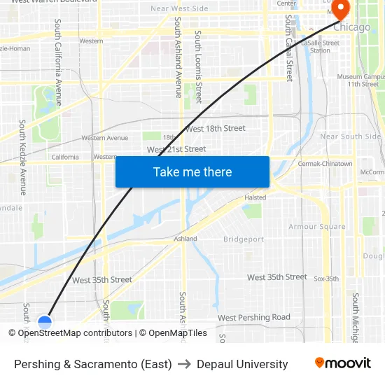 Pershing & Sacramento (East) to Depaul University map