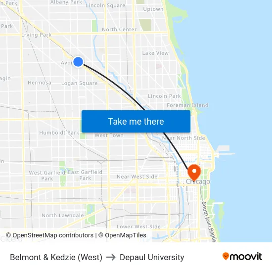 Belmont & Kedzie (West) to Depaul University map