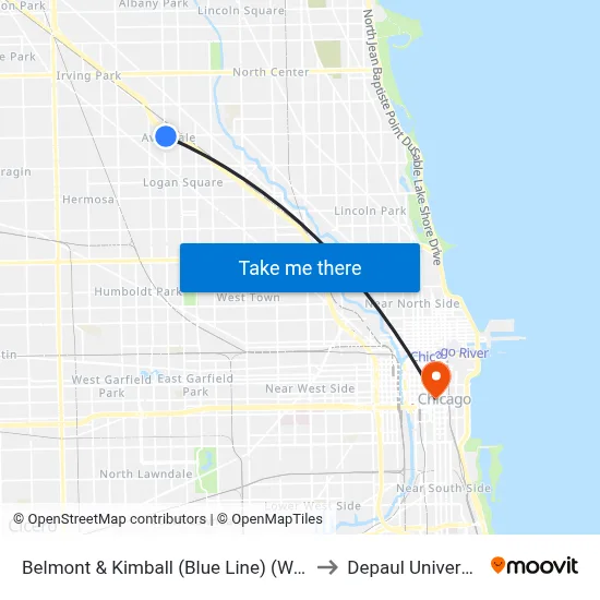 Belmont & Kimball (Blue Line) (West) to Depaul University map