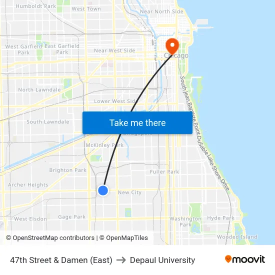 47th Street & Damen (East) to Depaul University map