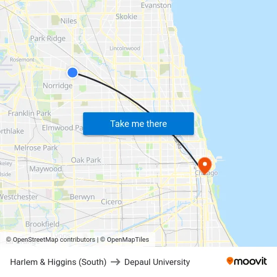 Harlem & Higgins (South) to Depaul University map