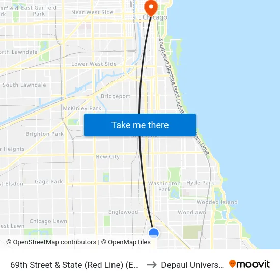 69th Street & State (Red Line) (East) to Depaul University map