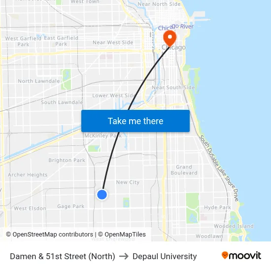 Damen & 51st Street (North) to Depaul University map