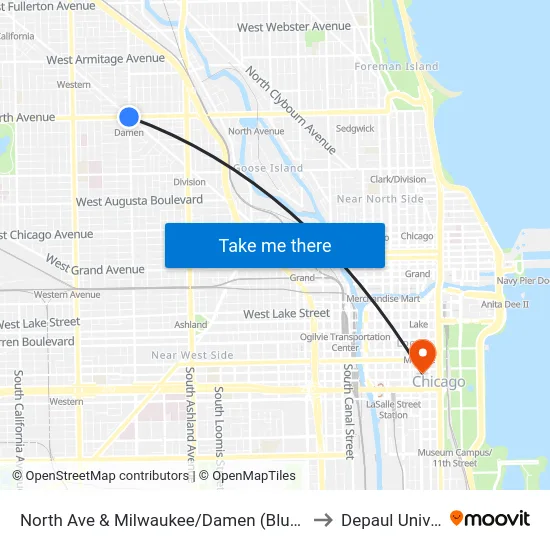 North Ave & Milwaukee/Damen (Blue Line) (East) to Depaul University map