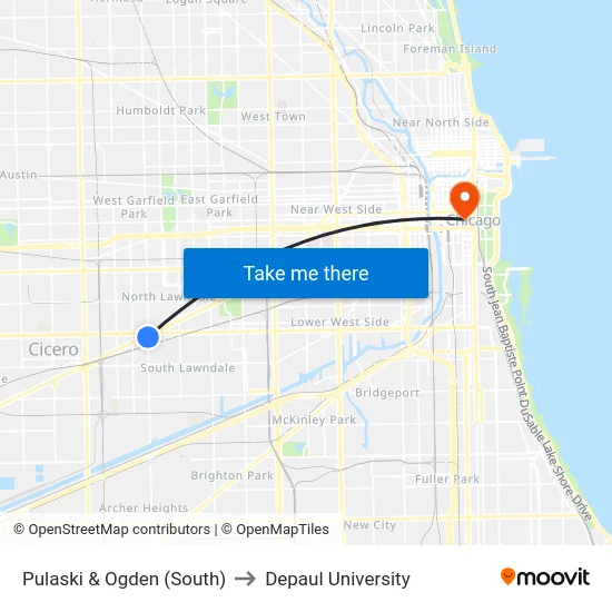 Pulaski & Ogden (South) to Depaul University map