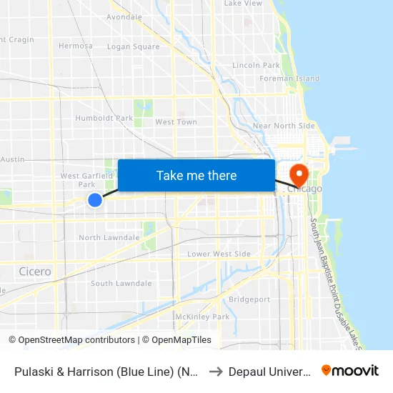 Pulaski & Harrison (Blue Line) (North) to Depaul University map