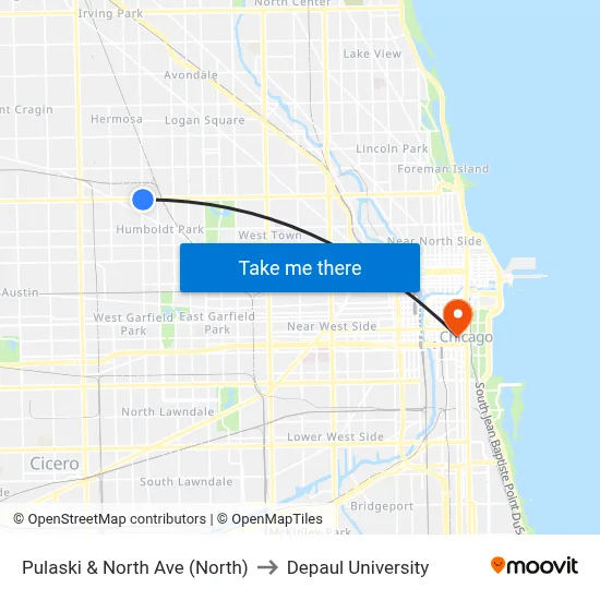 Pulaski & North Ave (North) to Depaul University map