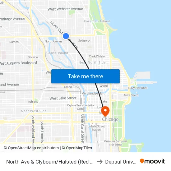 North Ave & Clybourn/Halsted (Red Line) (East) to Depaul University map