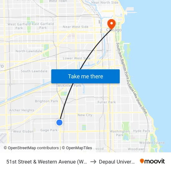 51st Street & Western Avenue (West) to Depaul University map