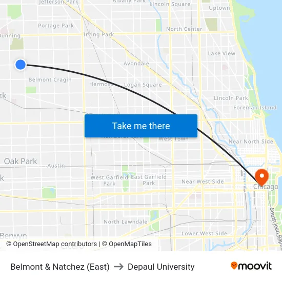Belmont & Natchez (East) to Depaul University map