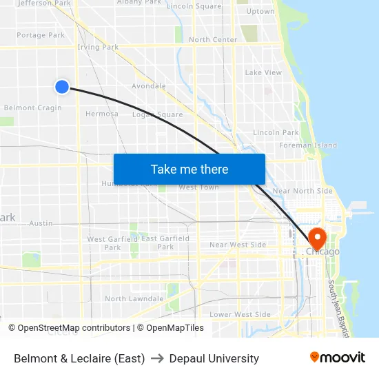 Belmont & Leclaire (East) to Depaul University map