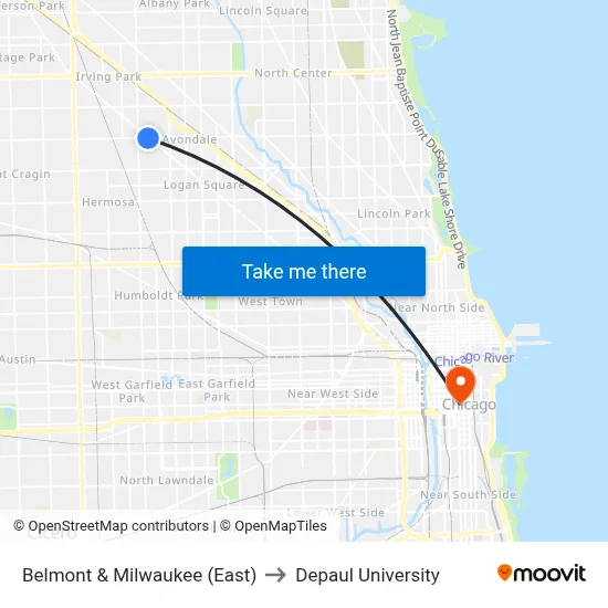 Belmont & Milwaukee (East) to Depaul University map