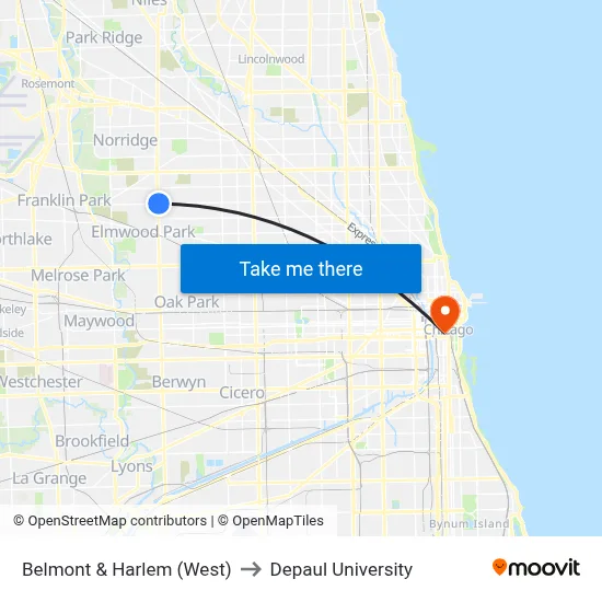 Belmont & Harlem (West) to Depaul University map