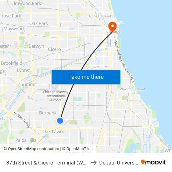 87th Street & Cicero Terminal (West) to Depaul University map