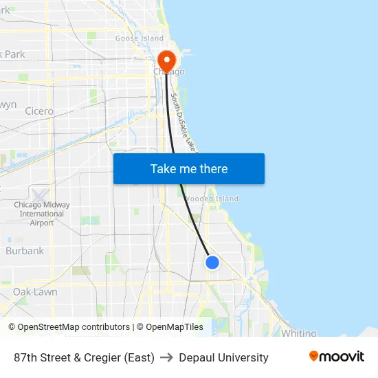 87th Street & Cregier (East) to Depaul University map
