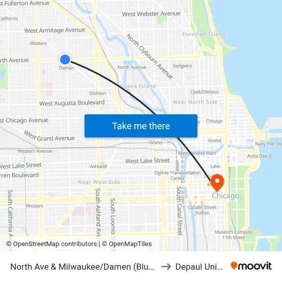 North Ave & Milwaukee/Damen (Blue Line) (West) to Depaul University map