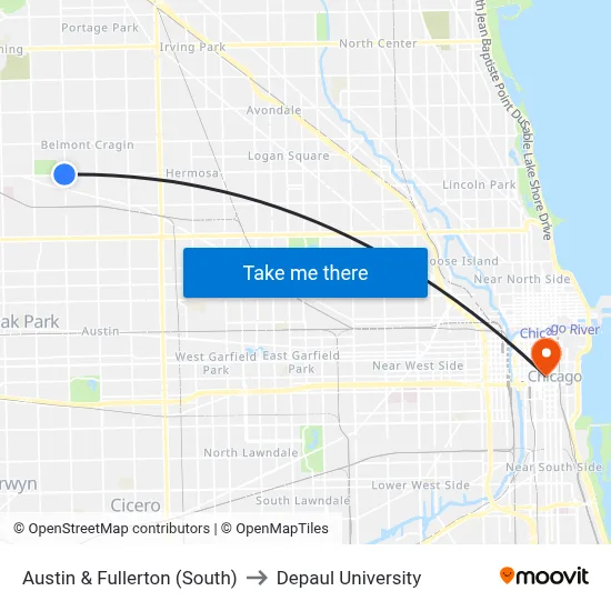 Austin & Fullerton (South) to Depaul University map