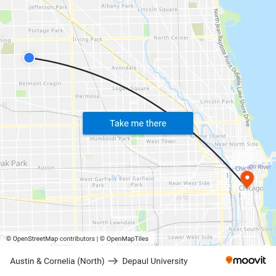 Austin & Cornelia (North) to Depaul University map